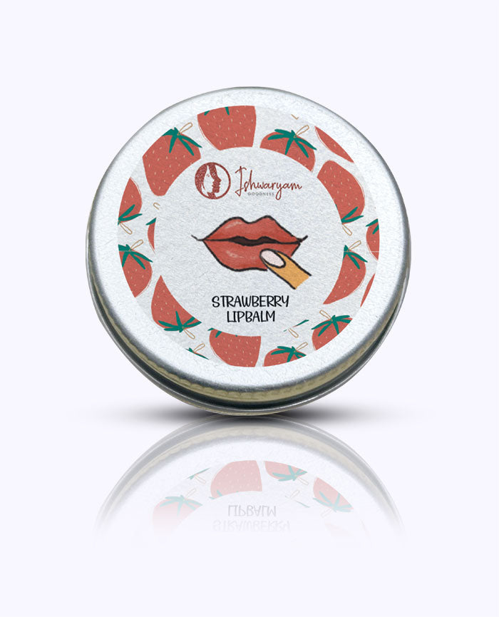 Strawberry Lip Balm by Ishwaryam Goodness softens & nourishes dry, chapped lips with Rosehip Oil & Shea Butter. Gentle, natural care in Tamil Nadu, India.